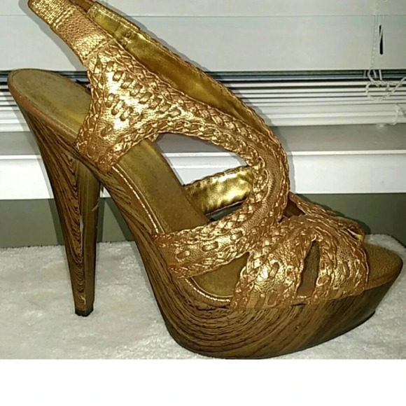 Jessica Simpson Women's Gold Platform Heels Size 7.5 Braided Ankle Strap - Picture 1 of 13